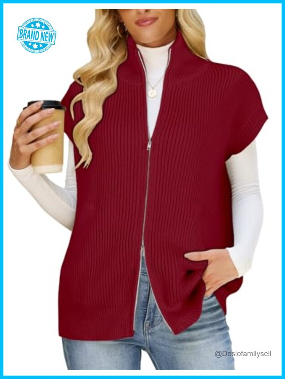Sweater Vest Cap Sleeve Zip Up Knit Cardigan with Pockets